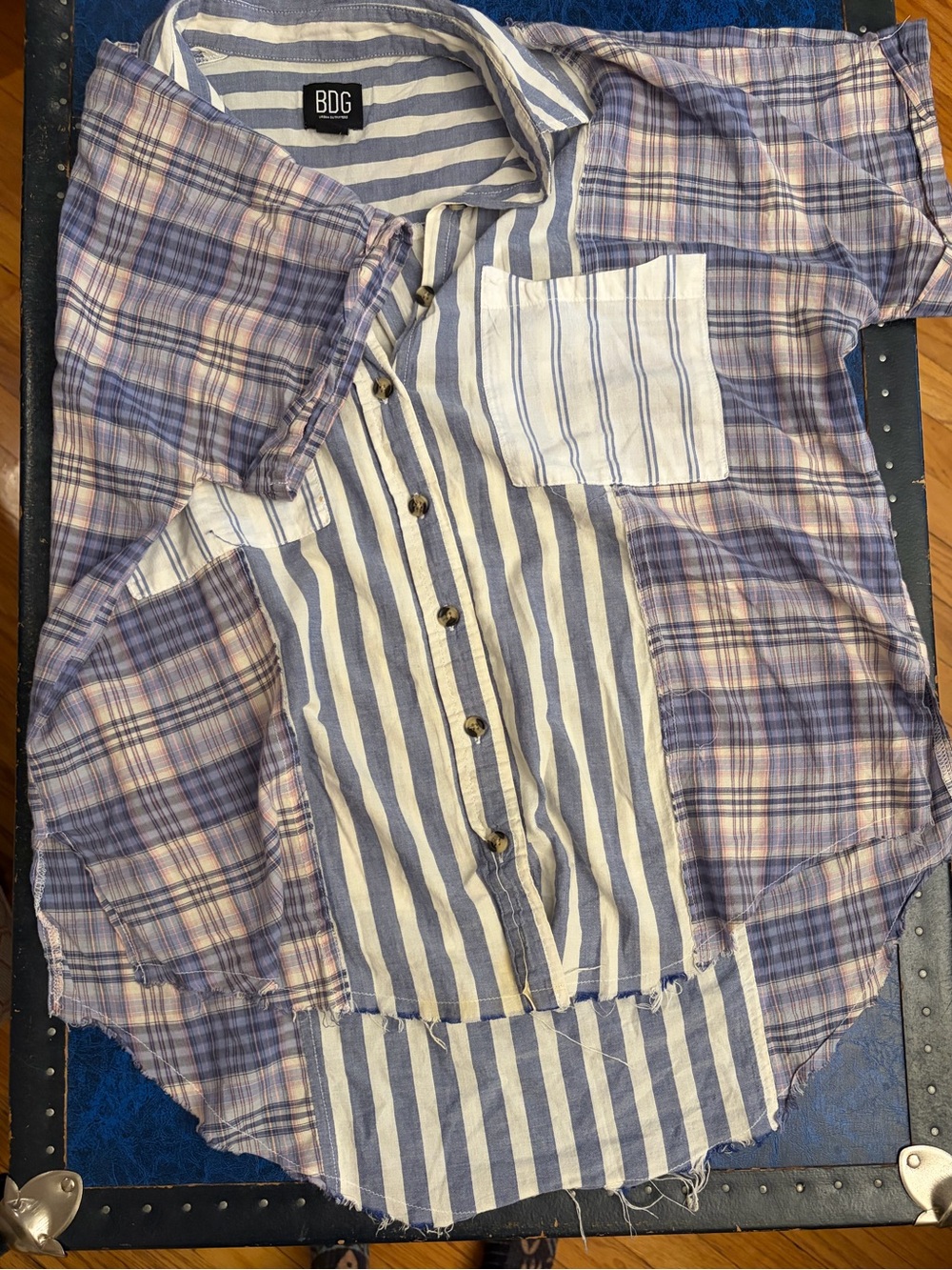 BDG Striped and Plaid Button-Up in Blue and Cream with Yellow Accent